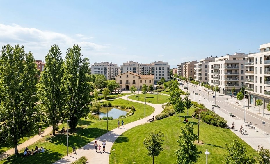 Vistas del Parc de Can Borrell, las calles residenciales y viviendas en Mollet del Vallès